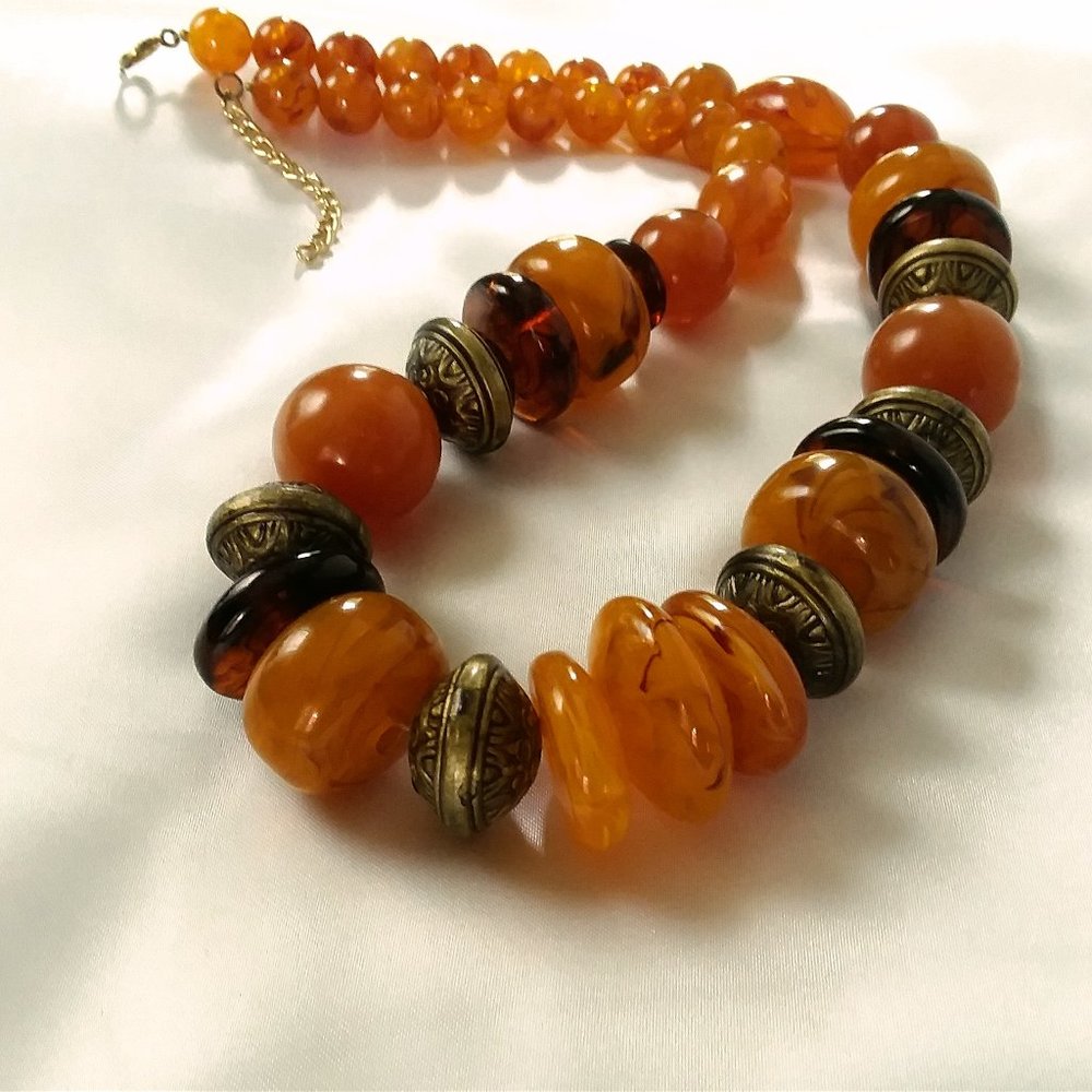 Amber Multi-tone Chunky Bead Necklace with Gold Tone Spring Ring Clasp -- 24"